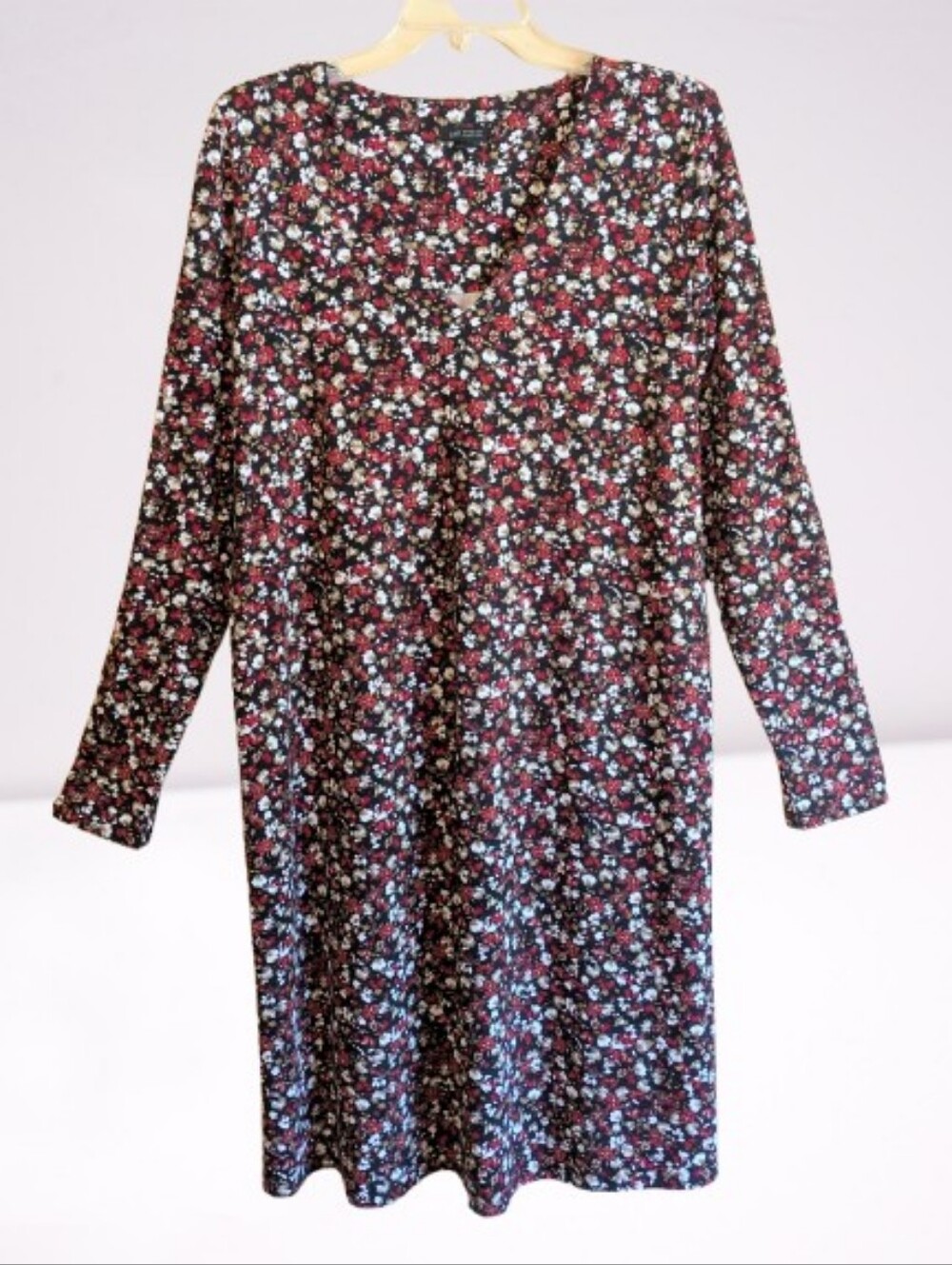J Jill Wearever Ditsy Fall Floral Print Dress V-neck Back Pleat Long Sleeves